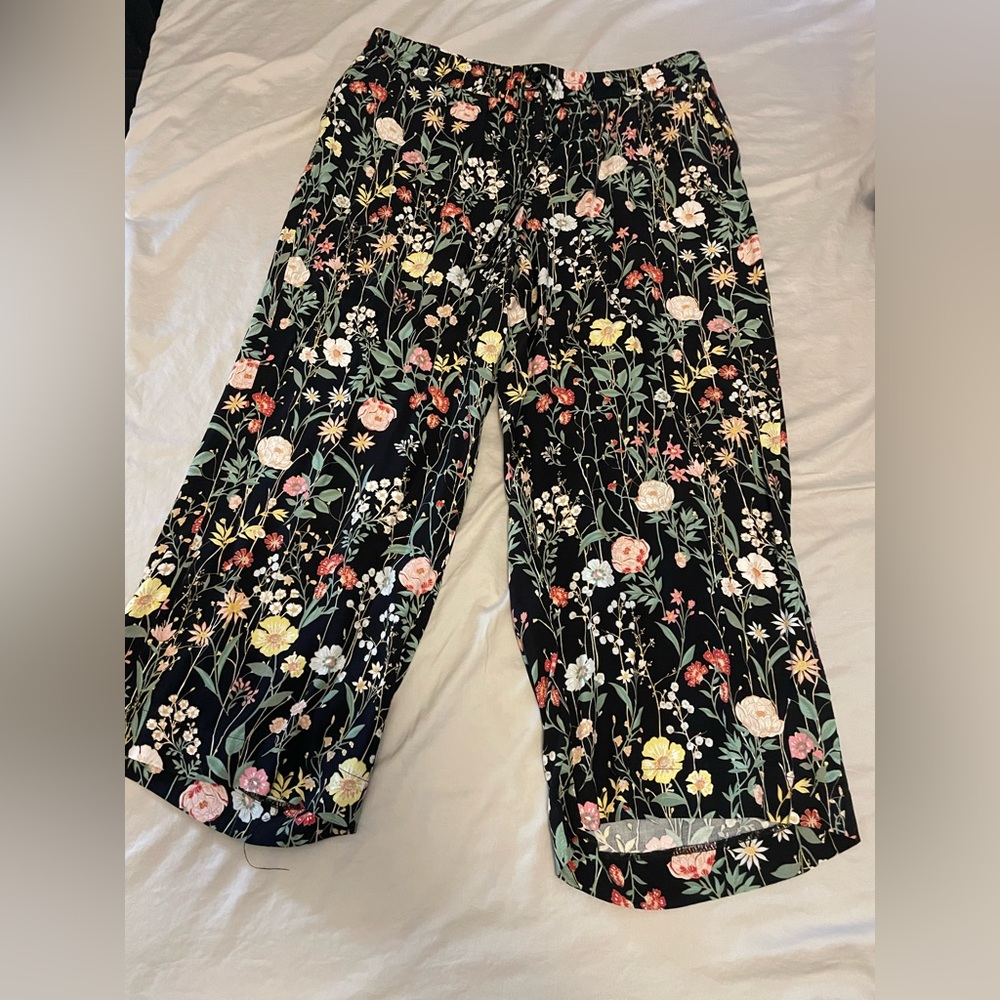 Ann Taylor Loft Wide Leg Cropped Pants Culottes Floral Elastic Tie Waist